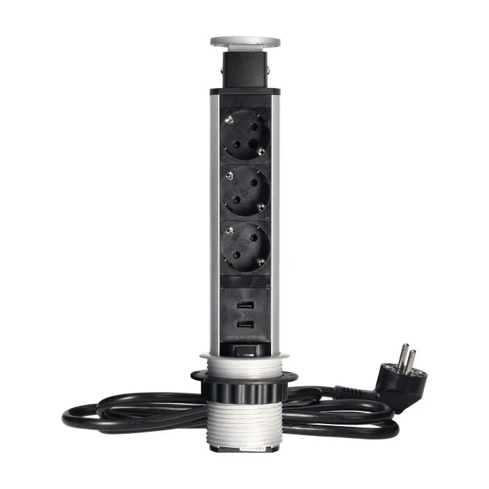 140375- Prise de bureau Pop up Ø6cm avec chargeur USB, câble de 1,8m et système de verrouillage, 3x2P+T (Schuko), pour Pays-Bas et Allemagne, Blanc - ORN