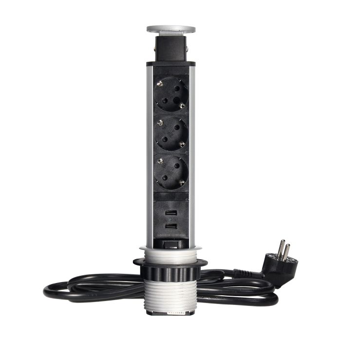 140375- Prise de bureau Pop up Ø6cm avec chargeur USB, câble de 1,8m et système de verrouillage, 3x2P+T (Schuko), pour Pays-Bas et Allemagne, Blanc - ORN