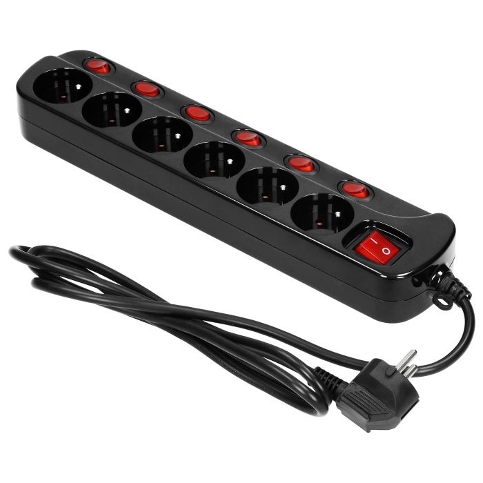 140400-Multiswitch stekkerdoos met 6 2P+E stopcontacten, kabel 3x1mm², 1,5m lang. Thermische beveiligingsschakelaar, 10A/230 VAC, zwart