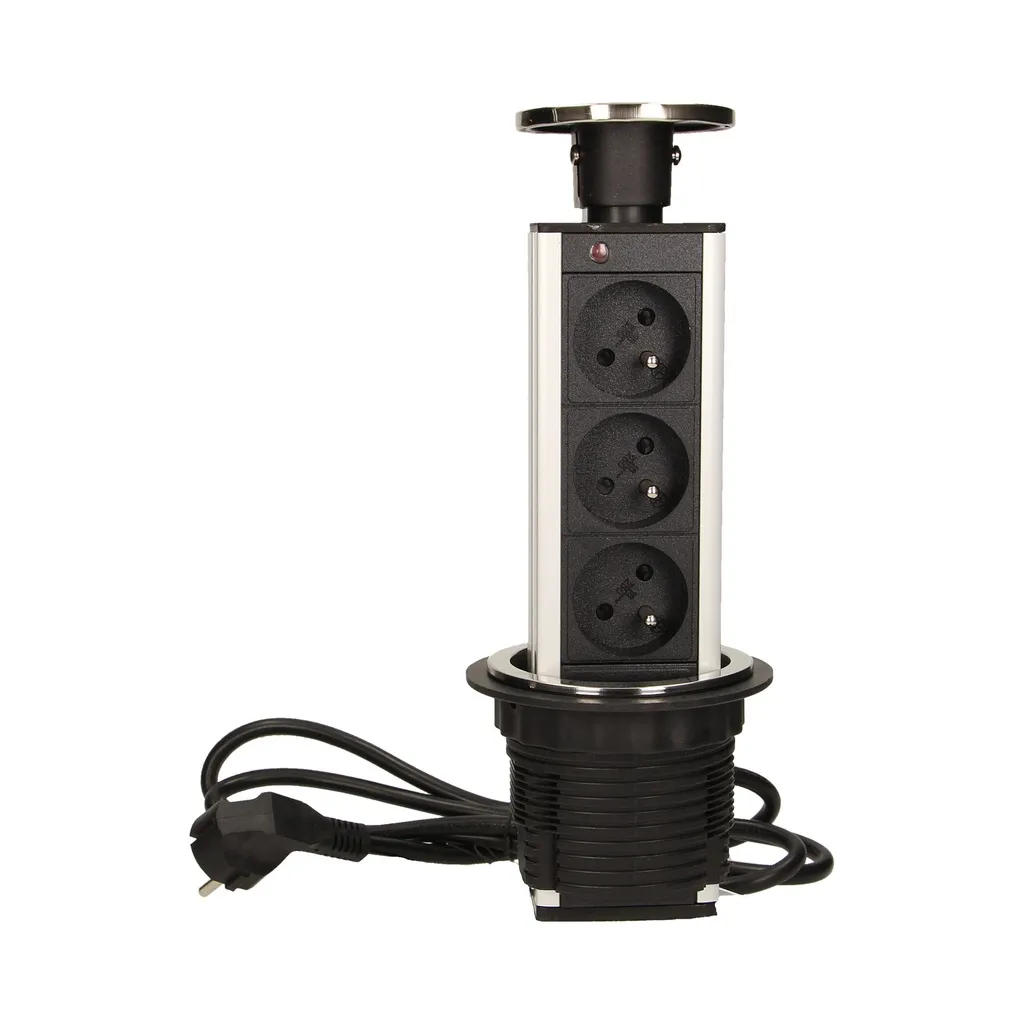 140391-Desktop pop-up socket Ø8cm, with cover and 1.8m cable, 3x2P+E, INOX-ORN