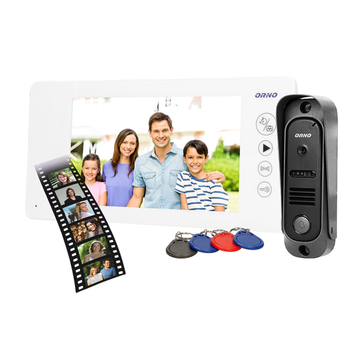 140572 - ARCUS RFID, 7˝ single family video doorphone, white  9 selectable ringtones, a touch panel with backlit buttons and an additional gate control function, it supports two inputs (the possibility of connecting two video cameras)