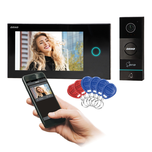 140579 - APPOS 7" single family video doorphone set, black set is equipped with multicolor LCD 7" monitor, RFID reader, gate opening function, compatible with smartphone app