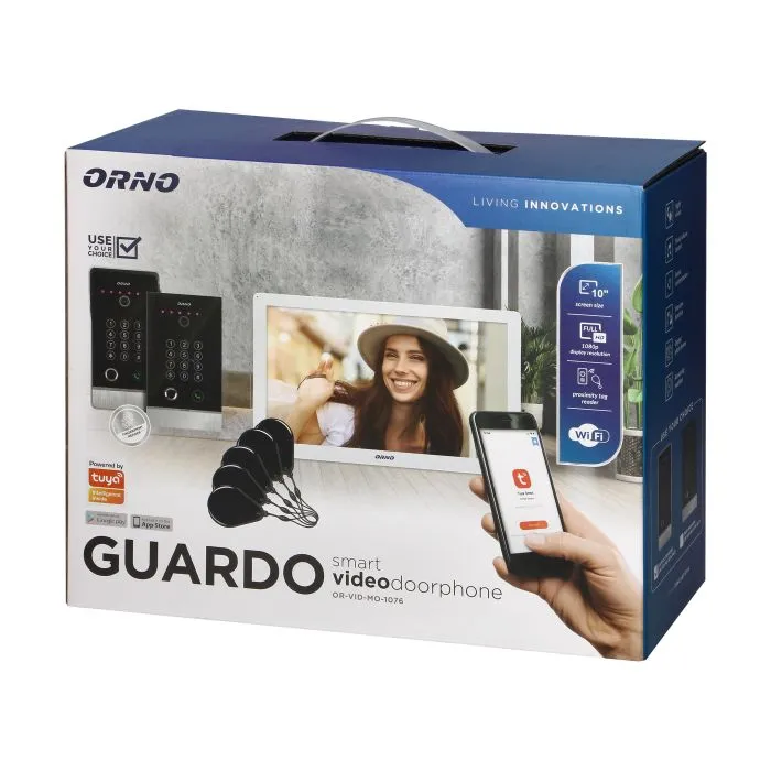 140581 - GUARDO 10" single family video doorphone set, white set is equipped with touchscreen LCD 10" monitor, fingerprint reader, proximity reader and code lock, App-controlled, surface-mounted
