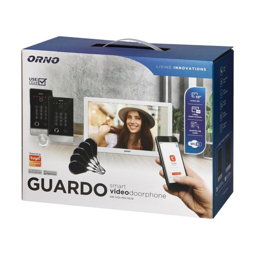 [ORNOR-VID-MO-1076/W/S] 140581 - GUARDO 10" single family video doorphone set, white set is equipped with touchscreen LCD 10" monitor, fingerprint reader, proximity reader and code lock, App-controlled, surface-mounted