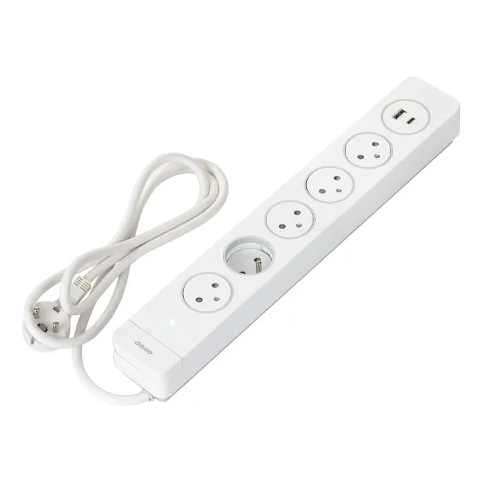 140693-Power strip with SPD and 5 sockets 2P+E, Easy Eject system, 1.5m cable, main switch with backlight and 2 quick USB chargers (A + C)
