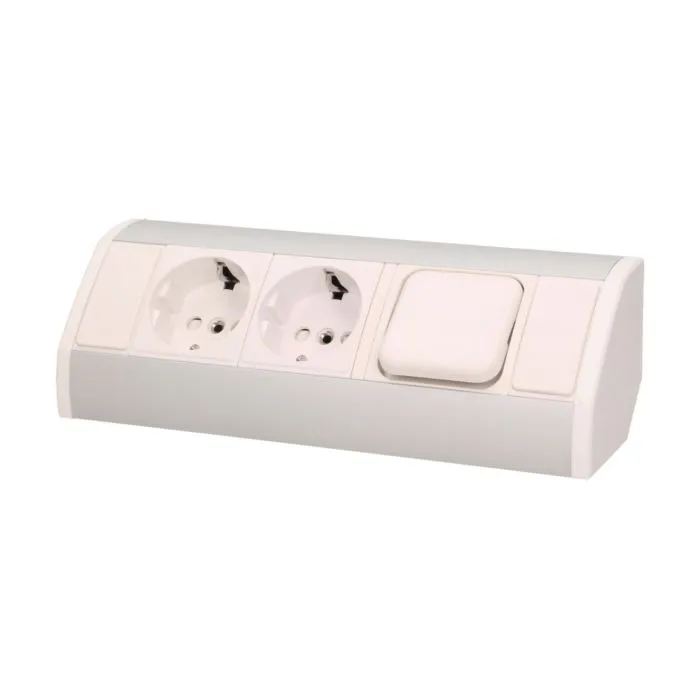 141188 - Furniture socket with switch, silver-white, Schuko A set of three network sockets with grounding and current circuit's diaphragms with a switch, ideal for mounting in cabinets, display cases and display cabinets.