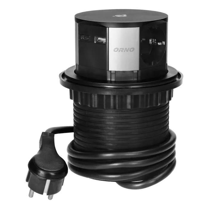 141152 - Recessed furniture sockets Ø10cm, Schuko with inductive charger, USB charger and 1.5m, 3x2P+E (Schuko) cable, Qi 1.2.4 max. 10W, 2xUSB QC 3.0