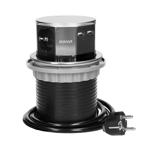 [ORNOR-AE-1381(GS)] 141151 - Flush-fitting furniture socket with USB charger and 1.5m cable, INOX, Schuko power supply: 230V AC, number of sockets: 3x16A/230V AC, output USB charger: 5V DC/1050mAx2, max. load: 3680W