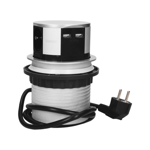 [ORNOR-AE-1342(GS)] 141150 - Flush-fitting furniture socket with USB charger and 1.5m cable, Schuko 3 x 230V AC/16A; 3680W; IP20 ; 2 x output USB charger USB 5V DC; cabel lenght 1,5 m