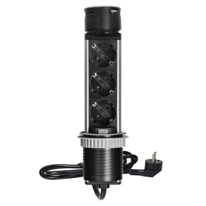 141148 - Recessed furniture socket Ø6cm with USB charger and 1.5m cable, 3x2P+E (Schuko), 2xUSB (type A and C), INOX