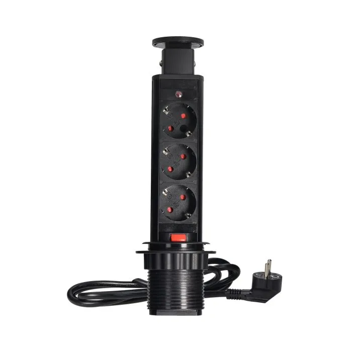 141144 - Pop up Ø6cm desk socket, black with 1.8m cable and locking system, 3x2P+E (Schuko)