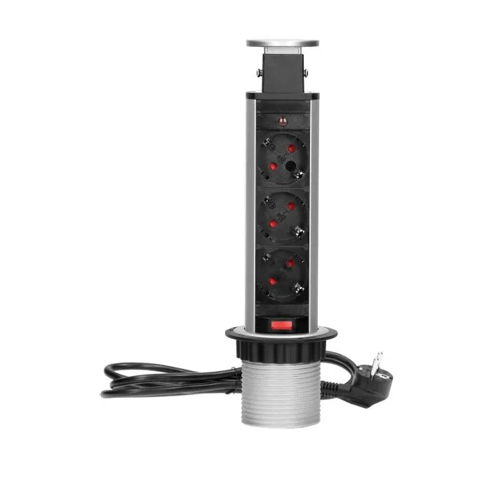 141143 - Pop up desk socket ⌀6cm with 1.8m cable, Schuko 3 x 230V AC/16A; 3680W; IP20; cabel lenght 1.8m, for use in furniture, silver
