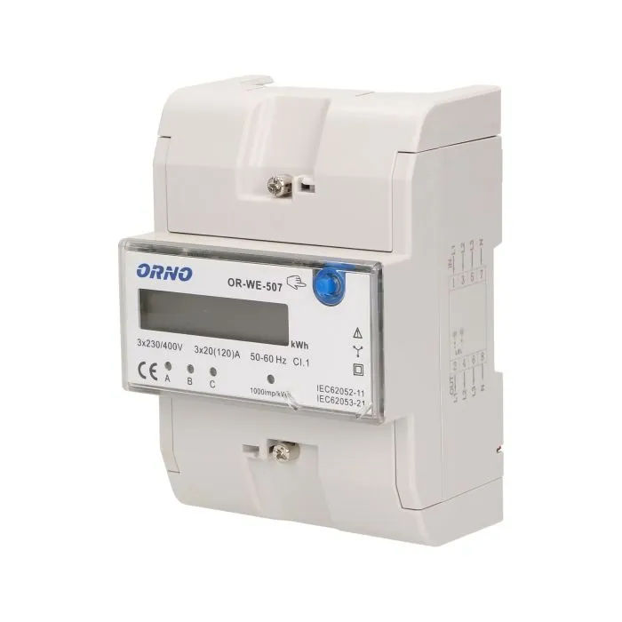 149004 - 3phase energy meter, 120A current: 3x20(120)A; starting current: 0,4% lb; accuracy class: 1; indication of energy consumption: 3xred LED; installation: 35 mm DIN rail