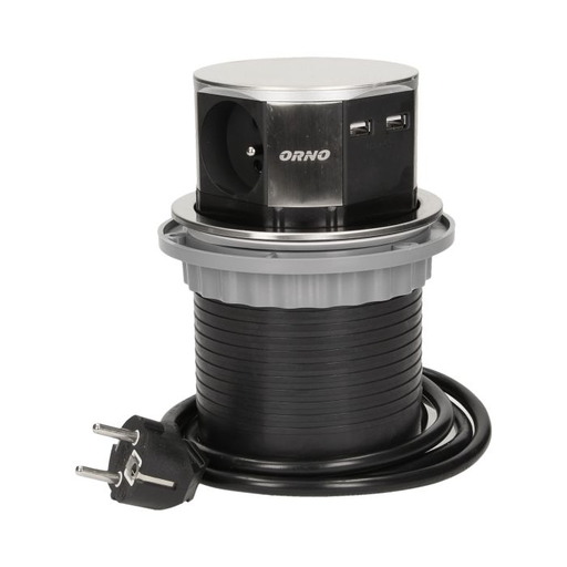 [ORNOR-AE-1381] 141127 - Flush-fitting furniture socket with USB charger and 1.5m cable, INOX power supply: 230V AC, number of sockets: 3x16A/230V AC, output USB charger: 5V DC/1050mAx2, max. load: 3680W