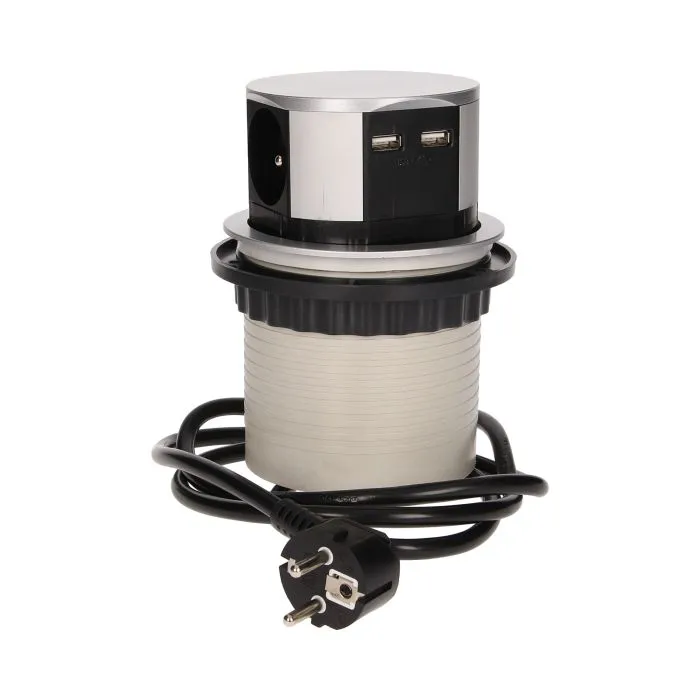 141125 - Flush-fitting furniture socket with USB charger and 1.5m cable 3 x 230V AC/16A; 3680W; IP20 ; 2 x output USB charger USB 5V DC; cabel lenght 1,5 m