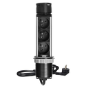 141121 - Recessed furniture socket Ø6cm with USB charger and 1.5m cable, 3x2P+E, 2xUSB (type A and C), INOX