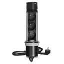 149450 - Recessed furniture socket Ø6cm with USB charger and 1.5m cable, 3x2P+E, 2xUSB (type A and C), INOX