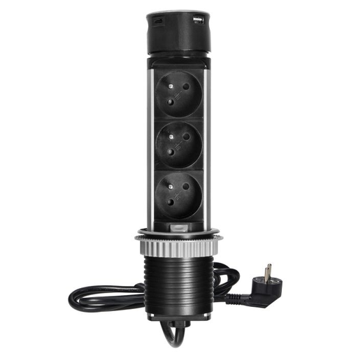 [ORNOR-GM-9027] 141121 - Recessed furniture socket Ø6cm with USB charger and 1.5m cable, 3x2P+E, 2xUSB (type A and C), INOX