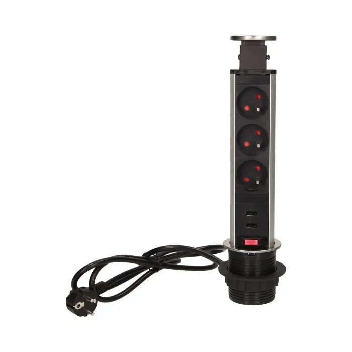 141120 - Pop up desk socket ⌀6cm with USB chargers and 1.8m cable, INOX 3 x 230V AC/16A; 3680W; IP20; cabel lenght 1,8 m, 2xUSB; for use in furniture; INOX