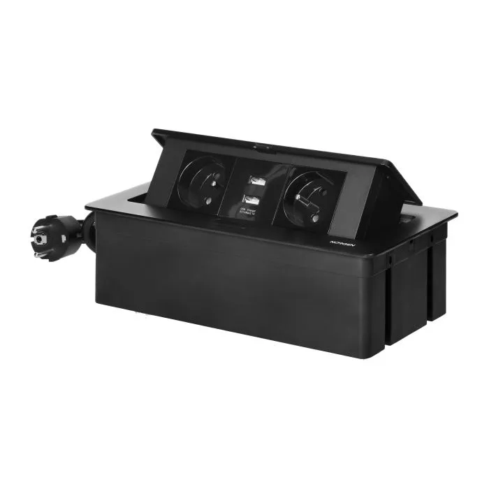 141114 - Set of furniture sockets REDE, 2x2P+E, 2xUSB with 1.5m cable, black