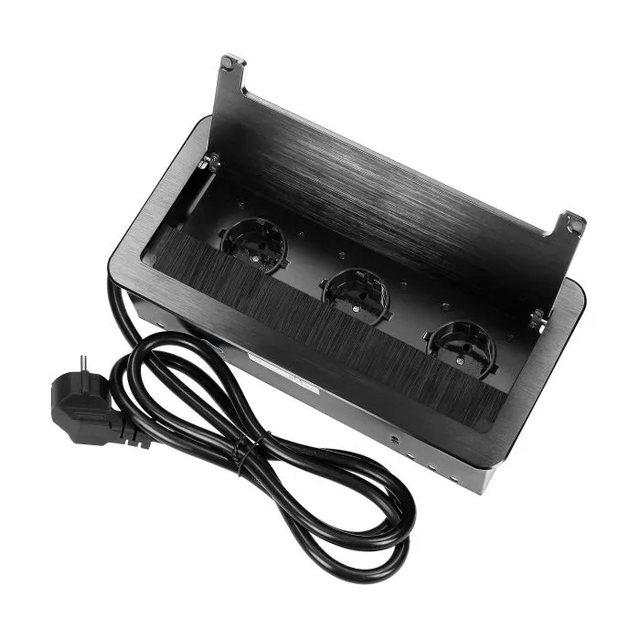 141104 - Recessed furniture socket 3x2P+E (Schuko) with 1.5m cable and anti-dust brush