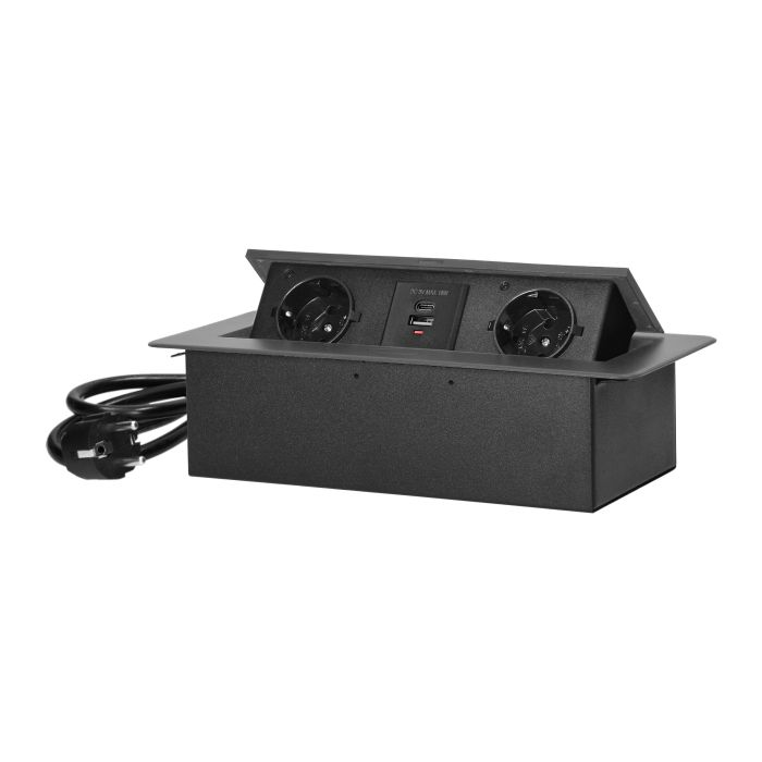141103 - Recessed furniture socket with flat milled edge, USB charger and 1.5m cable, 2x2P+E (Schuko), 2x USB (type A+C; 3.6A), graphite