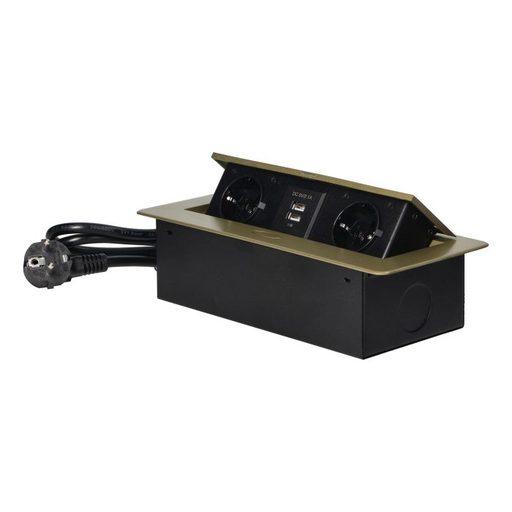 [ORNOR-AE-13126(GS)/BR] 141102 - Recessed furniture socket with two USB chargers and 1.5m long cable, brass 230V AC/ 50 Hz; 2 x 2P+E (Schuko); 3600W; USB output: 5V DC/2,1A; available colors: brass