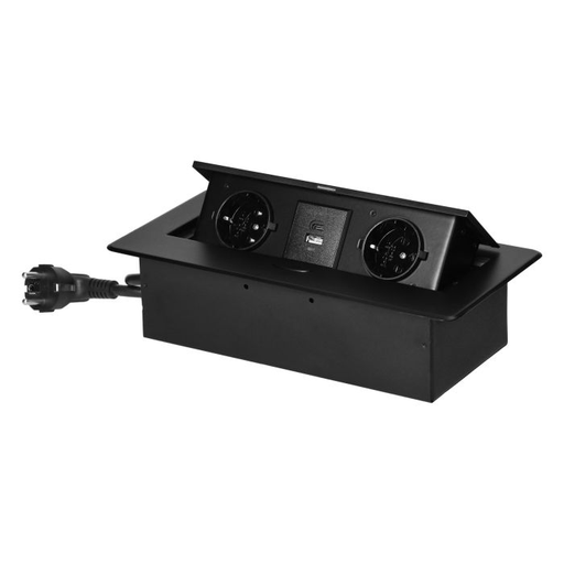 [ORNOR-GM-9035(GS)/B] 141100 - Recessed furniture socket with flat milled edge, USB charger and 1.5m cable, 2x2P+E (Schuko), 2x USB (type A+C; 3.6A), black