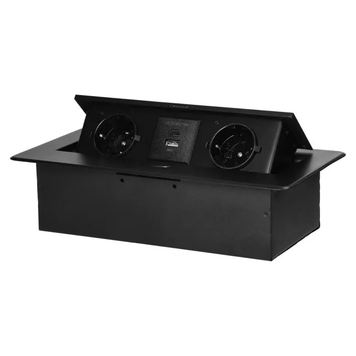 141096 - Recessed furniture socket with flat milled edge and USB charger, 2x2P+E (Schuko),2x USB (type A+C; 3.6A), black