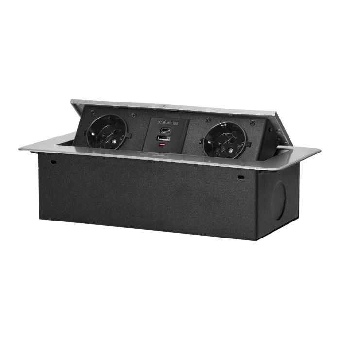 141095 - Recessed furniture socket with flat milled edge and USB charger, 2x2P+E (Schuko),2x USB (type A+C; 3.6A), silver