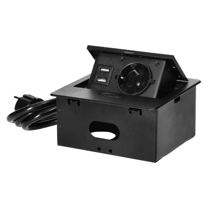 141094 - Recessed furniture socket with USB charger and 1.5m long cable, 1x2P+E Schuko, 2xUSB (type A, 2.1A), flat milled edge, black
