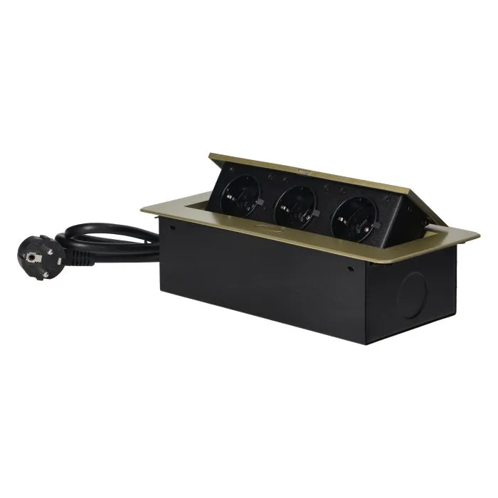 141092 - Recessed furniture sockets, brass color in a housing with a flat edge and a 1.5 m cable, 3x2P+E (Schuko)