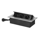 141089 - Recessed furniture socket with flat milled edge, 1.5m cable, 3x2P+E (Schuko), silver