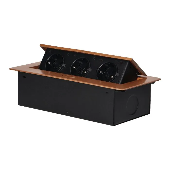 141085 - Recessed furniture sockets, gold in housing with flat edge, 3x2P+E (Schuko), no cable included