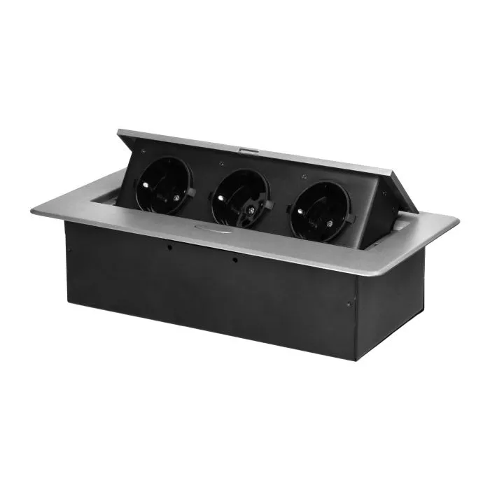 141083 - Recessed furniture socket with flat milled edge, 3x2P+E (Schuko), silver