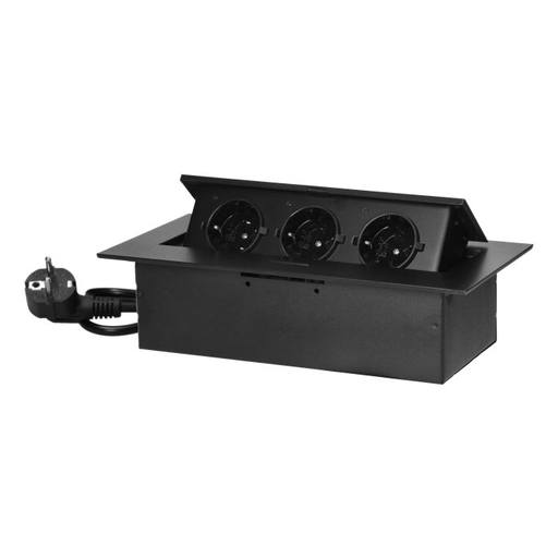 [ORNOR-GM-9037(GS)/B] 141082 - Recessed furniture socket with flat edge and 1.5m cable, 3x2P+E (Schuko), black