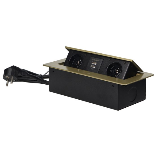 [ORNOR-AE-13126/BR] 141069 - Recessed furniture socket with two USB chargers and 1.5m long cable, brass 230V AC/ 50 Hz; 2 x 2P+E; 3600W; USB output: 5V DC/2,1A; available colors: brass
