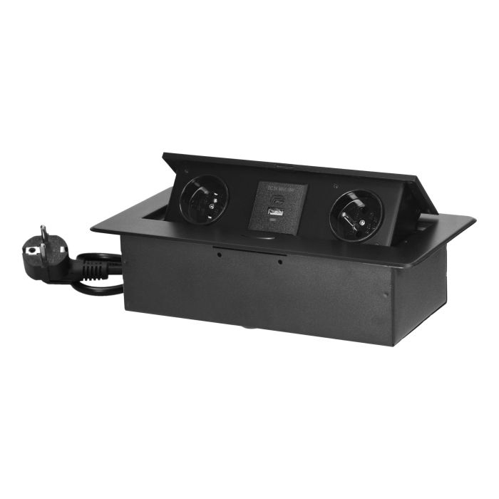 141066 - Recessed furniture socket with flat milled edge, USB charger and 1.5m cable, 2x2P+E, 2x USB (type A+C; 3.6A), black