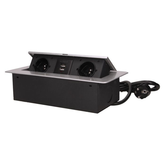 141064 - Recessed furniture socket with two USB chargers and 1.5m long cable, silver 230V AC/ 50 Hz; 2 x 2P+E; 3600W; USB output: 5V DC/2,1A; available colors: silver