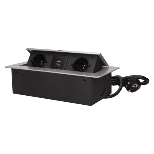 [ORNOR-AE-13126/G] 141064 - Recessed furniture socket with two USB chargers and 1.5m long cable, silver 230V AC/ 50 Hz; 2 x 2P+E; 3600W; USB output: 5V DC/2,1A; available colors: silver