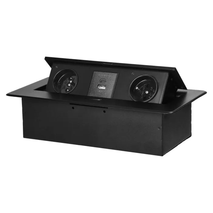 149395 - Recessed furniture socket with flat milled edge and USB charger, 2x2P+E,2x USB (type A+C; 3.6A), black