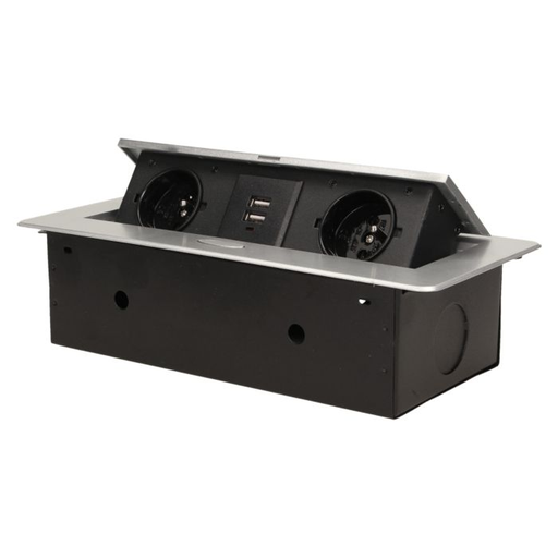 [ORNOR-AE-13109/G] 141059 - Recessed furniture socket with two USB chargers, silver 230V AC/ 50 Hz; 2 x 2P+E; 3600W; USB output: 5V DC/2,1A; available colors: silver