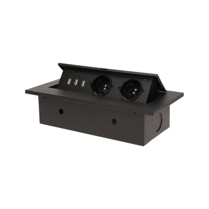 141057 - Recessed furniture socket 2x2P+E with three USB ports (wihout USB-charger), black power supply: 230V AC / 56-60Hz; maximum load: 3600W; protection rating: IP20; colour: black