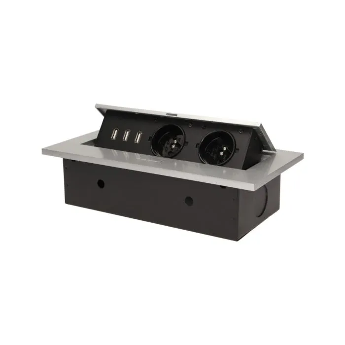 141056 - Recessed furniture socket 2x2P+E with three USB ports (wihout USB-charger), silver power supply: 230V AC / 56-60Hz; maximum load: 3600W; protection rating: IP20; colour: silver