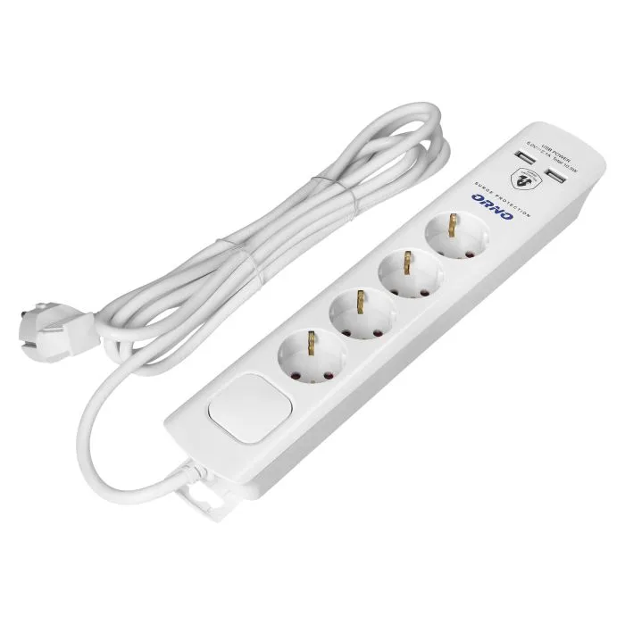 140993 - Power strip with surge protection, 4 sockets 2P+E (Schuko), 3x1.0mm2 cable, 3m long, with a two-way backlit switch, 16A / 230 VAC, surge protector type 3, 2xUSB 2.1A charger, white