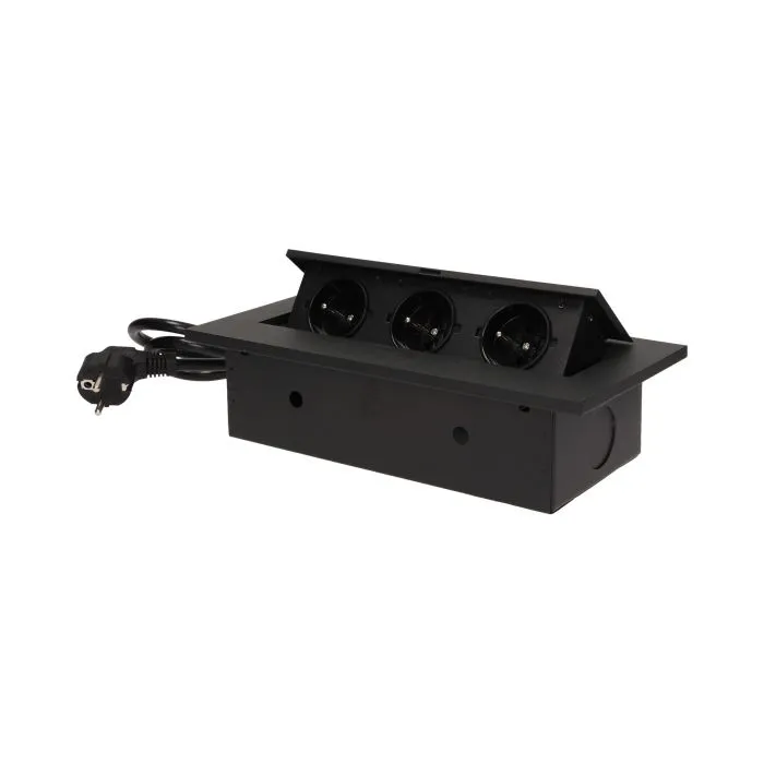 141040 - Recessed furniture socket 3x2P+E with 1.5m cable, black power supply: 230V AC / 56-60Hz; maximum load: 3600W; protection rating: IP20; colour: silver
