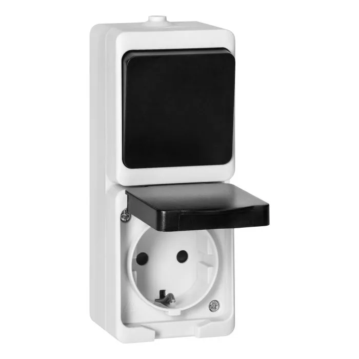 140952 - AQUATIC MINI IP54 Switch + Socket 2P+E (Schuko), white/black