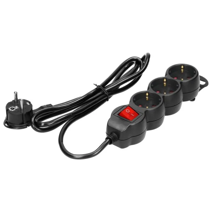 147086-Extension sockets 3x 2P+E with a switch, 1.5m, Schuko H05VV-F  1x1.5mm2, Imax=16A, black