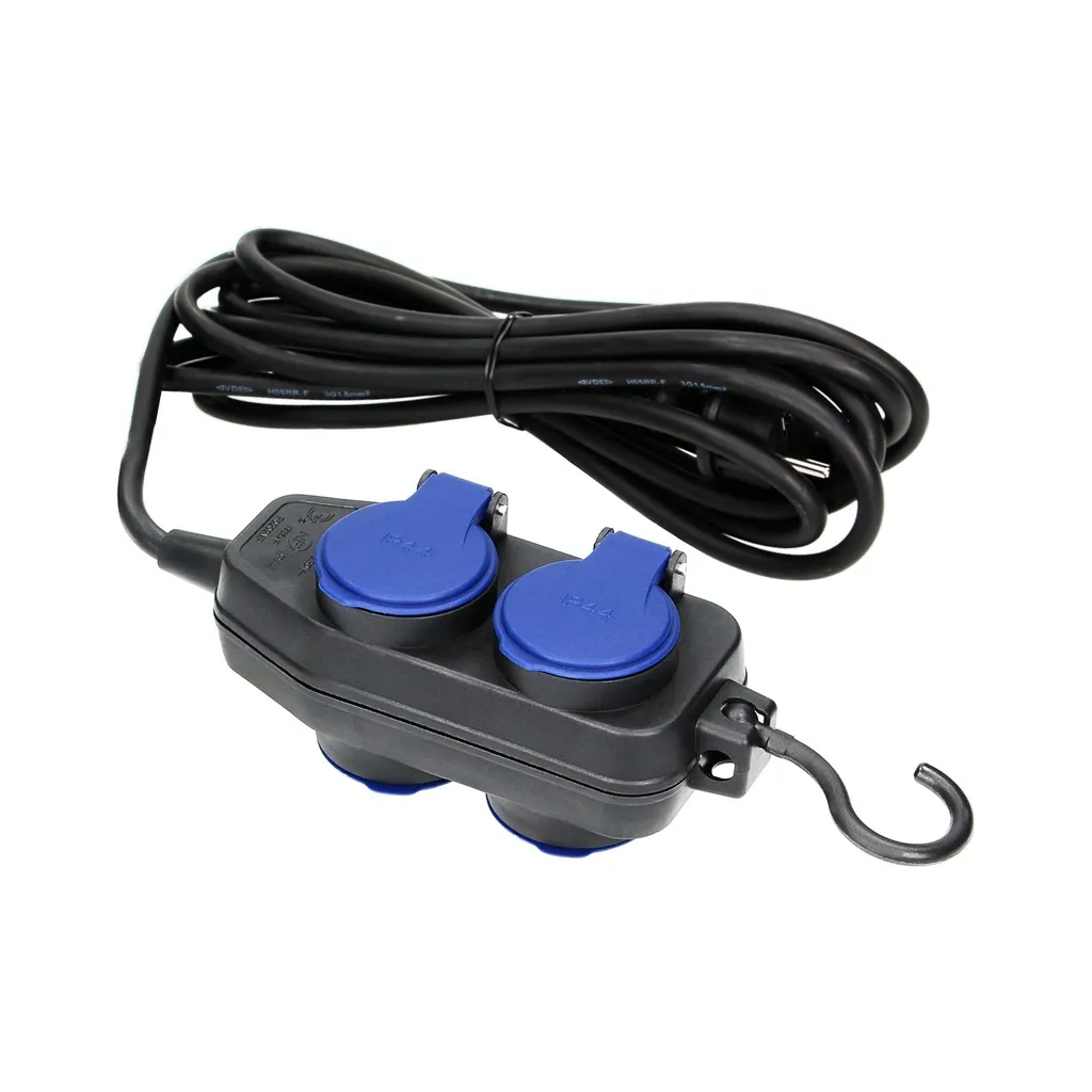 146518 - Heavyduty, splashproof extension sockets, rubber cord, 4 sockets (2+2) 2P+E, IP44, H05RRF 3x1.5mm², 10m ORN