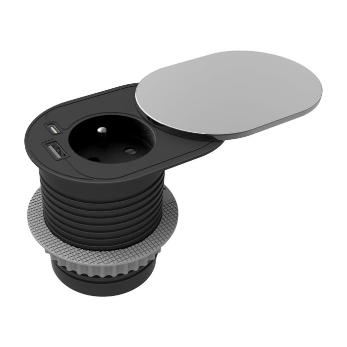 149854-Furniture socket with USB charger and sliding cover, 1.9m cable, 1x2P+E (French), 2xUSB (type A+C; PD20W), silver